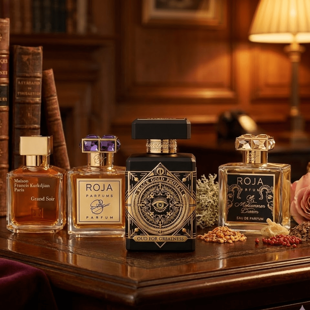 Luxury niche perfume collection on desk.