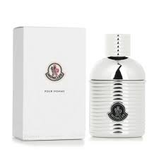 Close up of Moncler Pour Homme Eau de Parfum highlighting the sleek silver bottle detail.