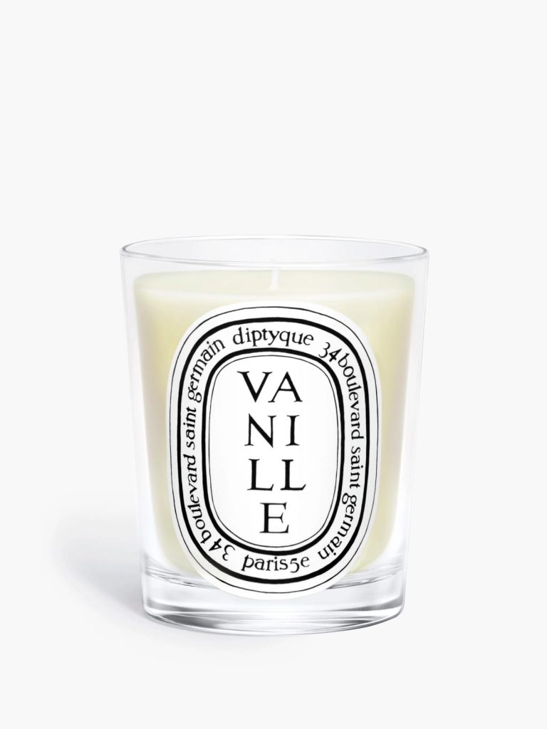 Diptyque Vanille Candle luxury vanilla scented candle in clear glass jar